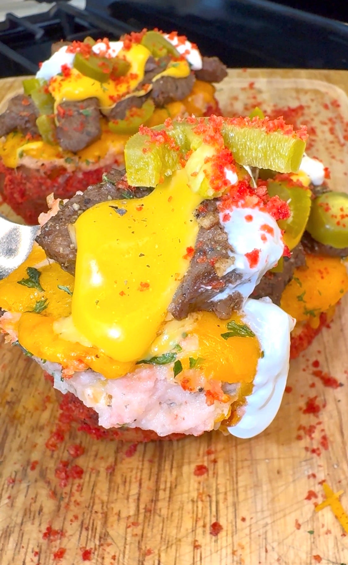 Funky Twice Baked Flaming Hot Cheeto Steak Nacho Potato